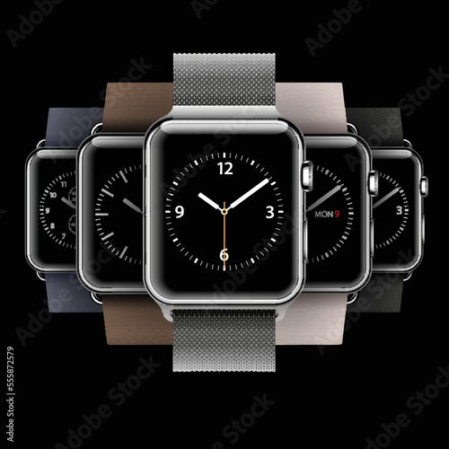 Set of 5 modern steel case smart watches with milanese loop and soft modern buckle isolated on black background
