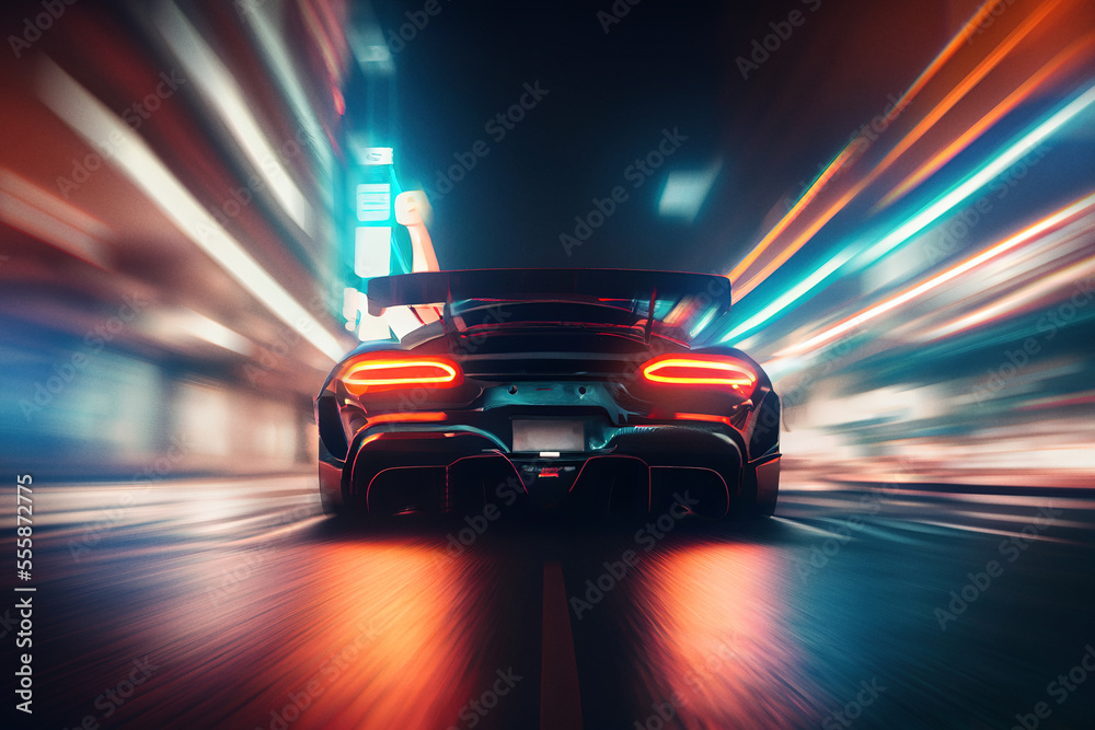 Sports car racing on city street with neon light and motion blur ...