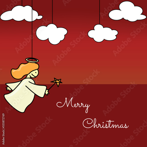 red christmas greeting card hanging cloud and little angel with rainbow merry christmes post card photo