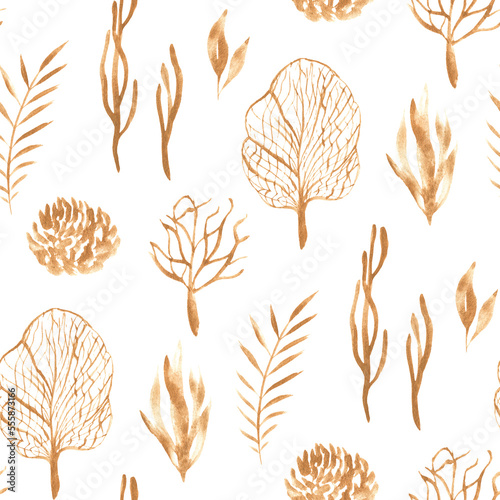 Seamless pattern with underwater plants, corals and leaves in golden watercolor. Hand painted floral illustration with algae and tropical coral reef isolated on transparent. For design, fabric or back