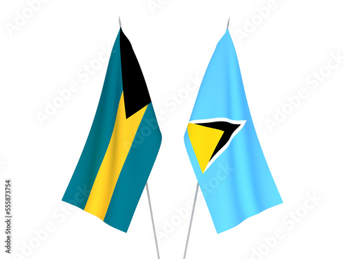 National fabric flags of Commonwealth of The Bahamas and Saint Lucia isolated on white background. 3d rendering illustration.