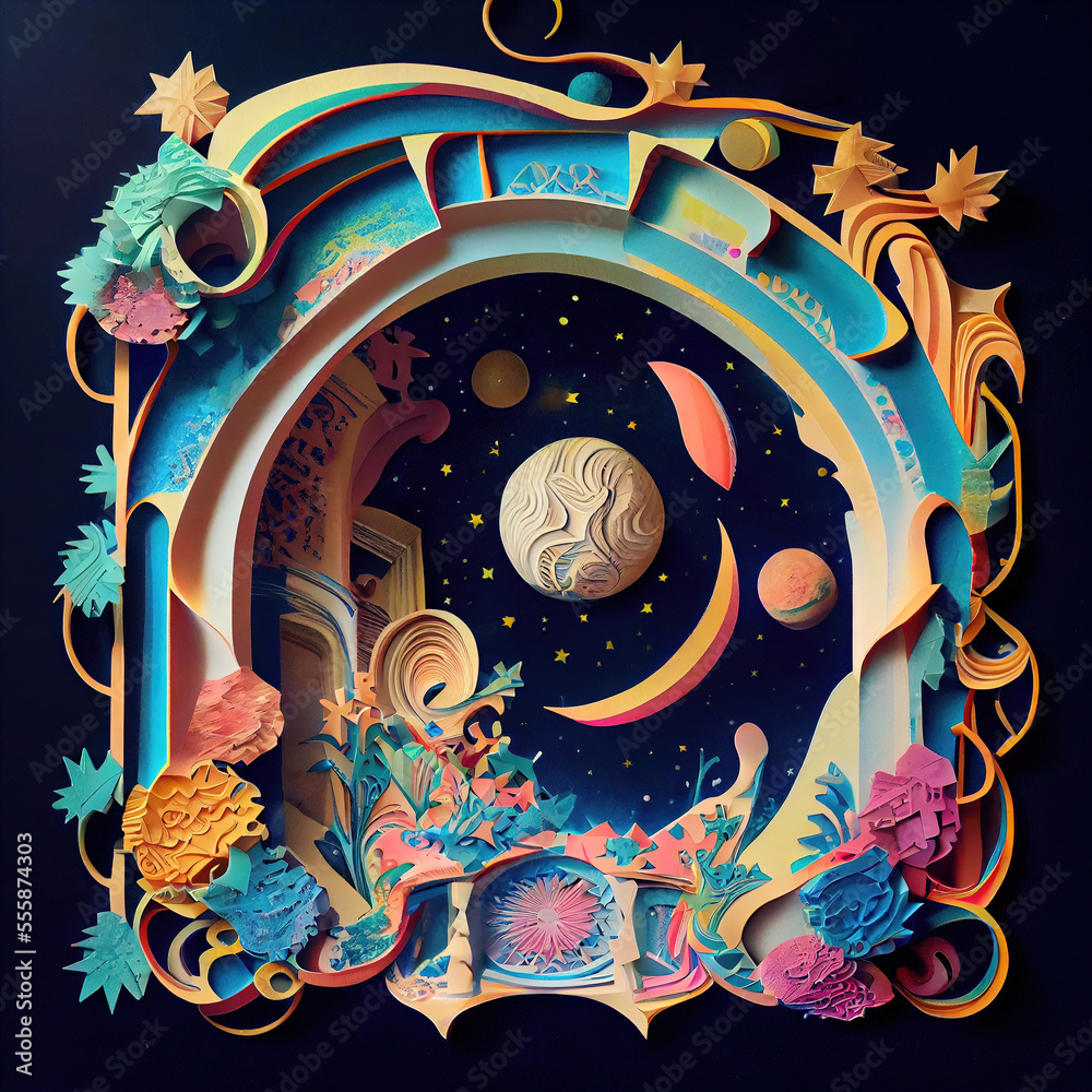 Colorful paper craft diorama with stars and in universe