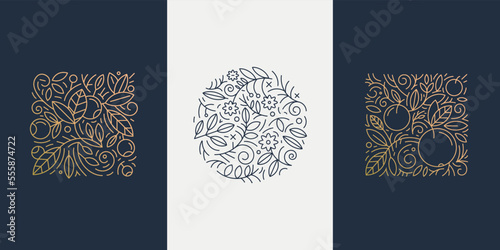 Vector set of linear plant logos. Circle luxury organic emblem. Abstract badges for natural products, flower shop, cosmetics, ecology concepts, health, spa, yoga center. Line leaves and florals icons.