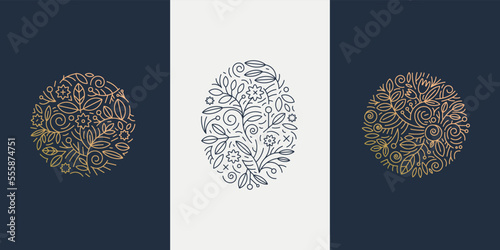 Vector set of linear plant logos. Circle luxury organic emblem. Abstract badges for natural products, flower shop, cosmetics, ecology concepts, health, spa, yoga center. Line leaves and florals icons.
