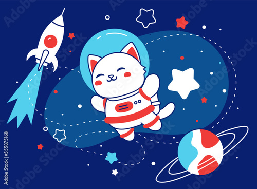 Vector abstract kid space illustration with animal astronaut cat, spaceship, star and planet on dark background. Flat line art style space design with astronaut cat