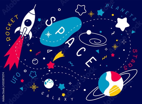 Vector abstract kid space illustration with spaceship, star and planet on dark blue background. Flat line art style space design with word space