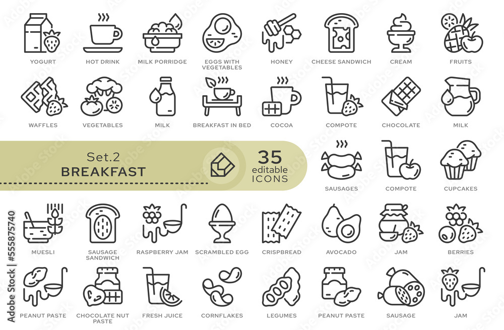 Set of conceptual icons. Vector icons in flat linear style for web sites, applications and other graphic resources. Set from the series - Breakfast. Editable outline icon.	
