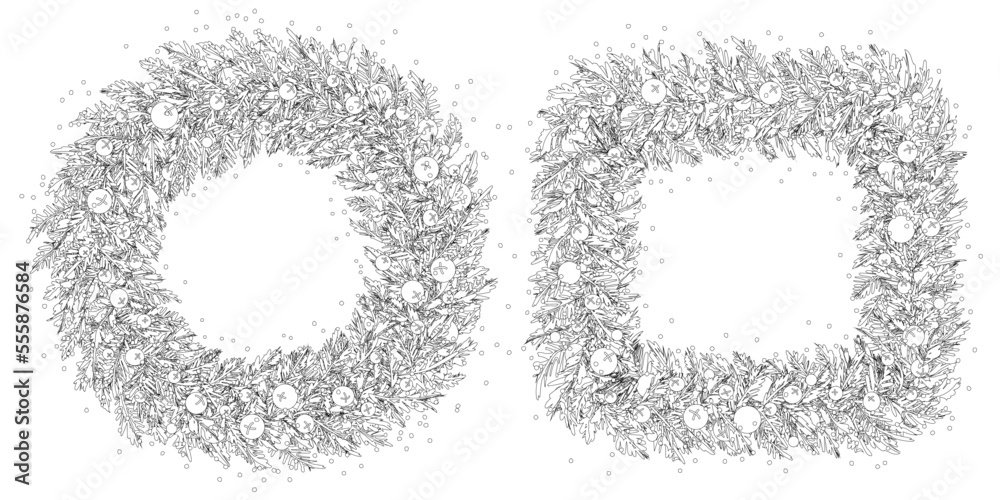 New Year's contour sketch of the Christmas wreath with falling snow for coloring. Traditional winter garland with bells on branches, isolated on white background. Set of frames for Happy xmas card New Year's contour sketch of the Christmas wreath with falling snow for coloring. Traditional winter garland with bells on branches, isolated on white background. Set of frames for Happy xmas card