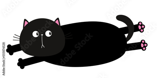 Lying fat cat. Cartoon baby pet character. Long body. Cute kawaii chilling black kitten head face. Happy Halloween. Greeting card print. Flat design. Isolated. White background.
