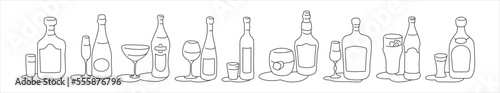 Rum champagne vermouth wine vodka whiskey liquor beer tequila bottle and glass outline icon on white background. Black white cartoon sketch graphic design. Doodle style. Hand drawn image. Party drinks