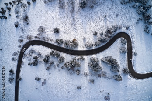 Curvy mountain road during winter