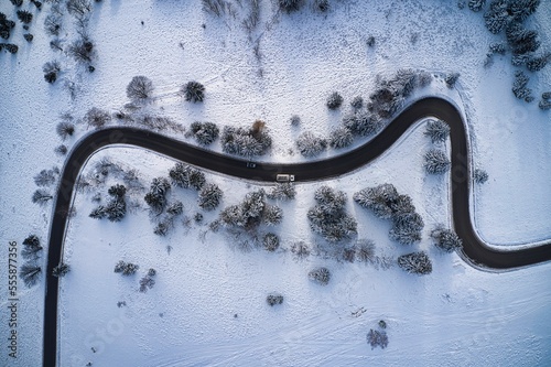 Curvy mountain road during winter