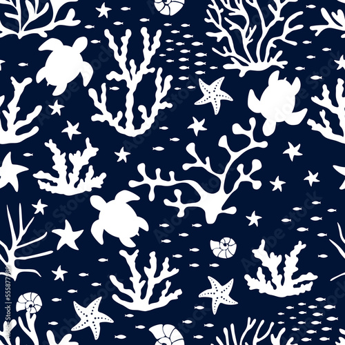 Living corals, fish and turtles and shells in the sea. Seamless vector pattern with different marine shapes.