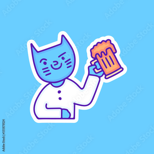 Cool cat chill out with glass of beer illustration, with soft pop style and old style 90s cartoon drawings. Artwork for street wear, t shirt, patchworks; for teenagers clothes.