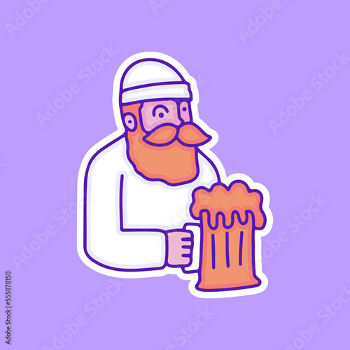 Bearded man chill out with glass of beers illustration, with soft pop style and old style 90s cartoon drawings. Artwork for street wear, t shirt, patchworks; for teenagers clothes.