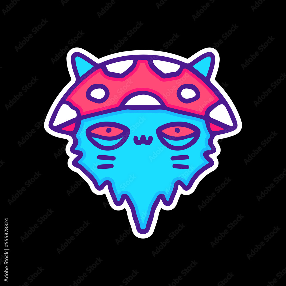 Naklejka premium Cute cat with melted face wearing mushroom hat illustration, with soft pop style and old style 90s cartoon drawings. Artwork for street wear, t shirt, patchworks; for teenagers clothes.