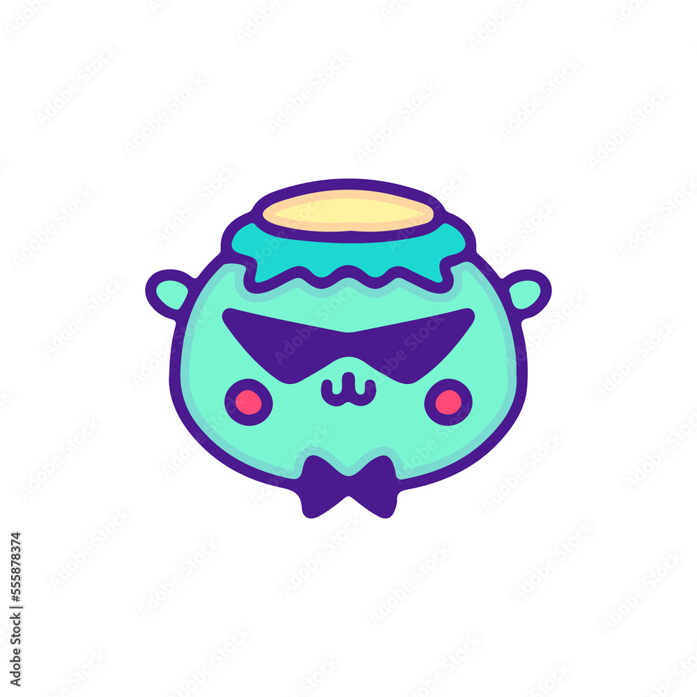 Cute kappa wearing sunglasses illustration, with soft pop style and old style 90s cartoon drawings. Artwork for street wear, t shirt, patchworks; for teenagers clothes.