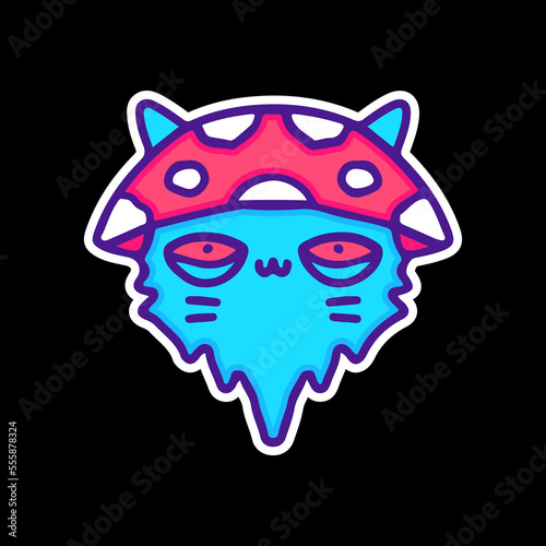 Cute cat with melted face wearing mushroom hat illustration, with soft pop style and old style 90s cartoon drawings. Artwork for street wear, t shirt, patchworks; for teenagers clothes.