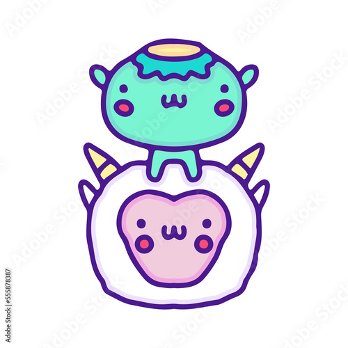 Cute kappa and sheep illustration, with soft pop style and old style 90s cartoon drawings. Artwork for street wear, t shirt, patchworks; for teenagers clothes.