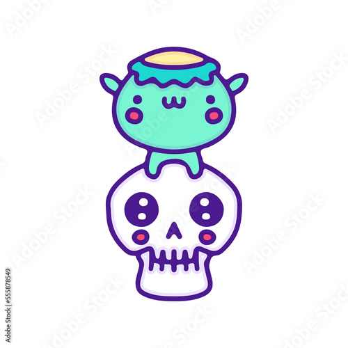 Cute kappa and skull head illustration, with soft pop style and old style 90s cartoon drawings. Artwork for sticker, patchworks; for kids clothes.