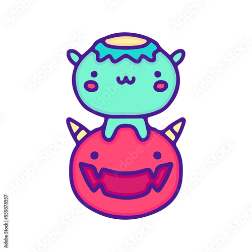 Cute kappa and devil illustration, with soft pop style and old style 90s cartoon drawings. Artwork for sticker, patchworks; for kids clothes.