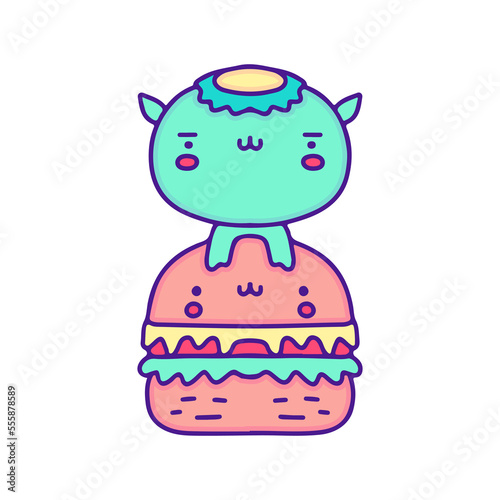 Cute kappa and burger illustration, with soft pop style and old style 90s cartoon drawings. Artwork for sticker, patchworks; for kids clothes.