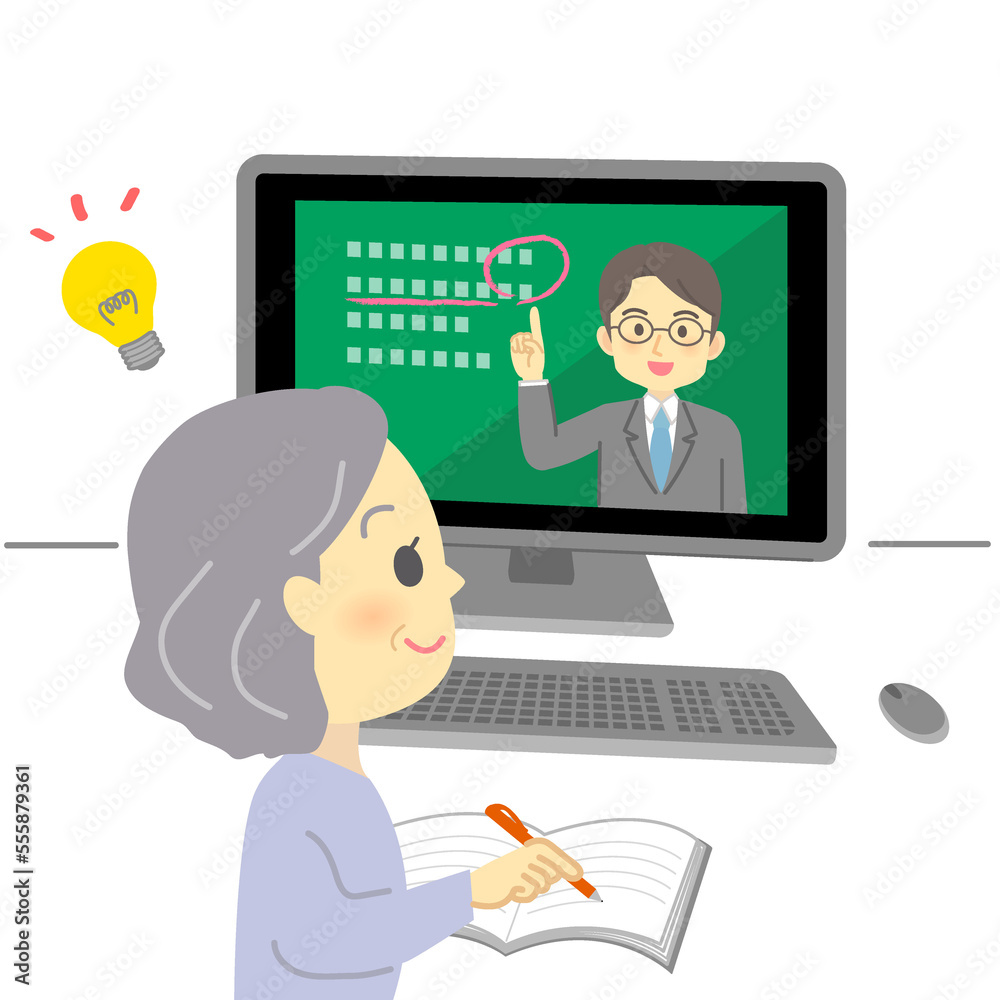 イラスト素材:パソコン画面を見てオンライン授業を先生から受ける笑顔の年配の女性（シニア）（透過背景）
