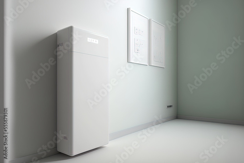 A household integrated battery energy storage system in mockup form. placed on a spotless wall are several contemporary white batteries. Generative AI photo