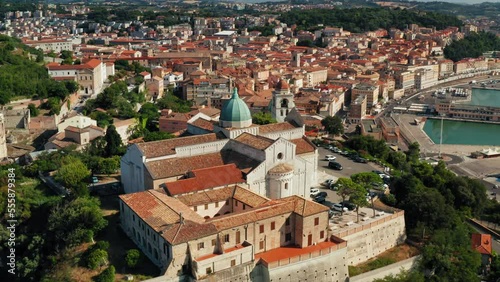 Cinematic dolly shot of the historic city center of Ancona -  Italy.
Aerial Drone view of the old Italian town