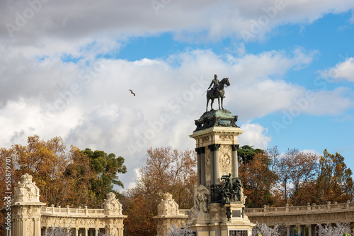 Madrid, monument to Alfonso XII (King of Spain) by the architect Jose Grases Riera, in Buen Retiro Park (Parque del Buen Retiro). Community of Madrid, Spain, southern Europe.