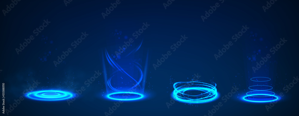 set of circle portal teleports with neon light glowing in the dark. - obrazy, fototapety, plakaty 
