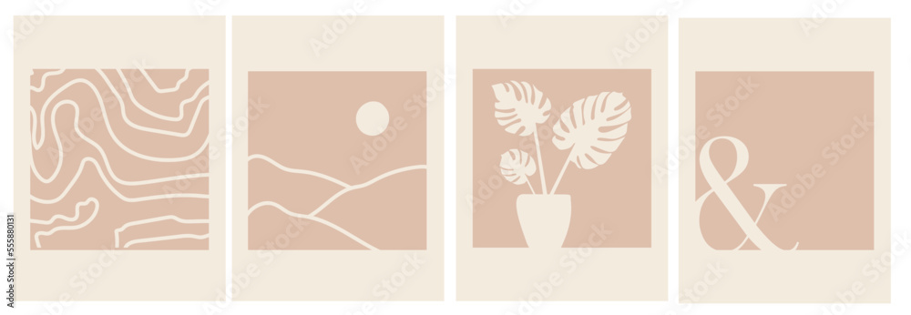 collection of modern simple abstractions in pastel colors in boho style with geometric shapes: lines, a vase with monstera leaves, a minimalistic landscape on a colored background collection of modern simple abstractions in pastel colors in boho style with geometric shapes: lines, a vase with monstera leaves, a minimalistic landscape on a colored background