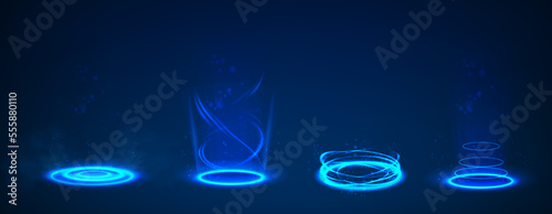 set of circle portal teleports with neon light glowing in the dark. photo