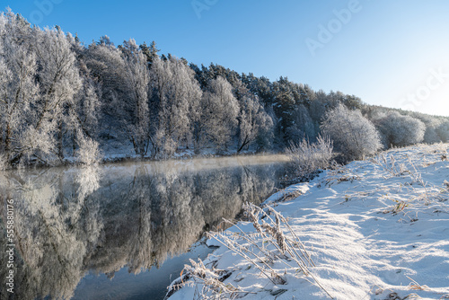 Reflections of snow covered trees in the River Teviot, Scottish Borders, United Kingdom photo