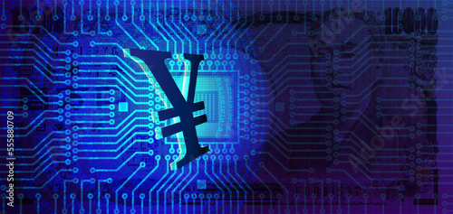 Vector 3D digital Japanese yen on the background of a pixelated ten thousand yen banknote with bright glowing numbers. Financial and economic poster.