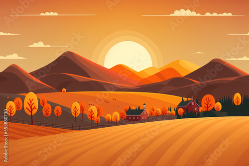Farm field in the autumn with an orange sky  a mid autumn wonderland in the countryside with a cloudy sky and sun  mountains  and grassland covered in orange leaf  and a banner for the fall sea