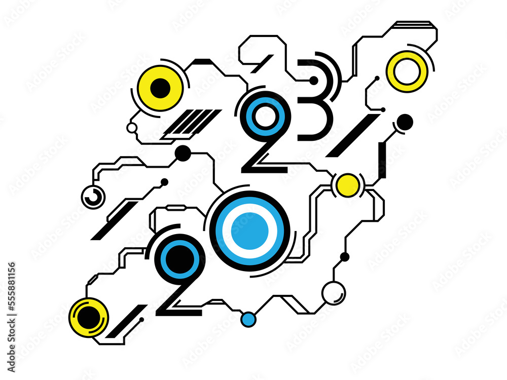 The numbers 2023 in the form of an electrical diagram on a white background. Vector illustration