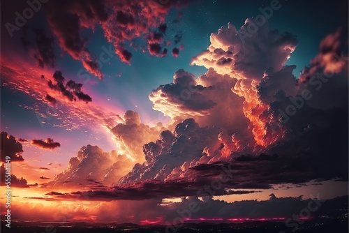 Majestic sunset or sunrise landscape Amazing light of nature cloudscape sky and Clouds moving away rolling colorful dark sunset clouds Footage timelapse.Nature environment background. Generative AI