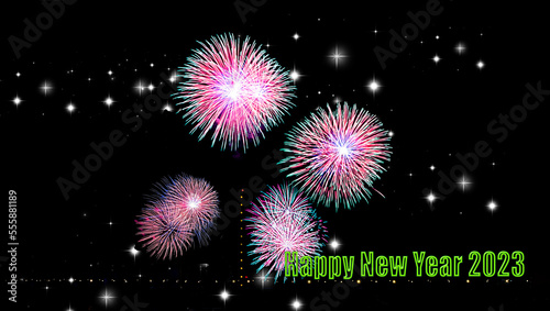 Greeting card, HAPPY NEW YEAR 2023 - festive New Year party greeting card - colorful fireworks, dark background