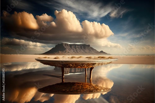 Reflection of clouds on the beach with Table Mountain in view. Generative AI