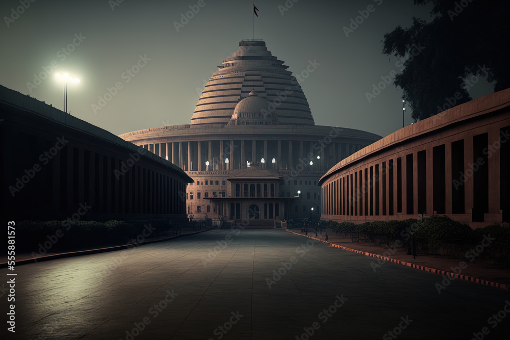 Obraz premium India's capital city of New Delhi was captured on camera on June 22nd, 2017. A broad shot of the Indian Parliament was taken. Generative AI