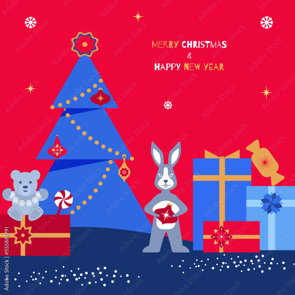 Vector illustration of Merry Christmas and Happy New Year greeting card. Flat, geometric design with Christmas tree, toys, gifts, rabbit. Template for congratulations and invitations, banner, poster..