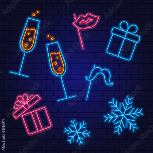 Glowing neon set of new year elements. Celebration of the New Year with glasses of champagne, gifts, carnival attributes and snowfall. Romantic winter evening.