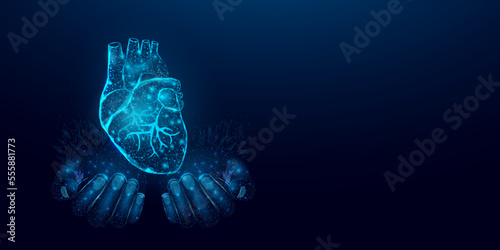 Two human hands are holds heart. Wireframe glowing low poly heart. Design on dark blue background. Abstract futuristic vector illustration.	
