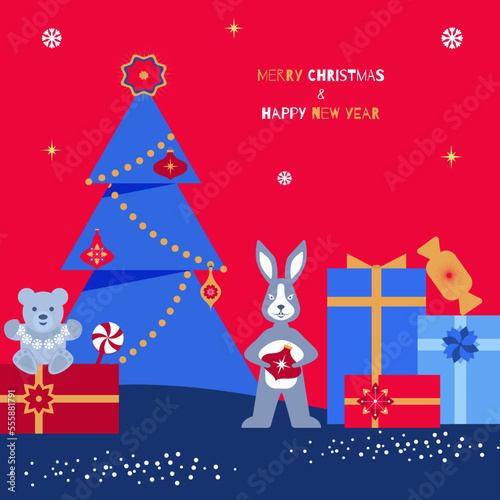 Vector illustration of Merry Christmas and Happy New Year greeting card. Flat  geometric design with Christmas tree  toys  gifts  rabbit. Template for congratulations and invitations  banner  poster..