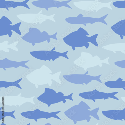 Seamless pattern with river fish. Pike, carp, perch, sardine on blue background