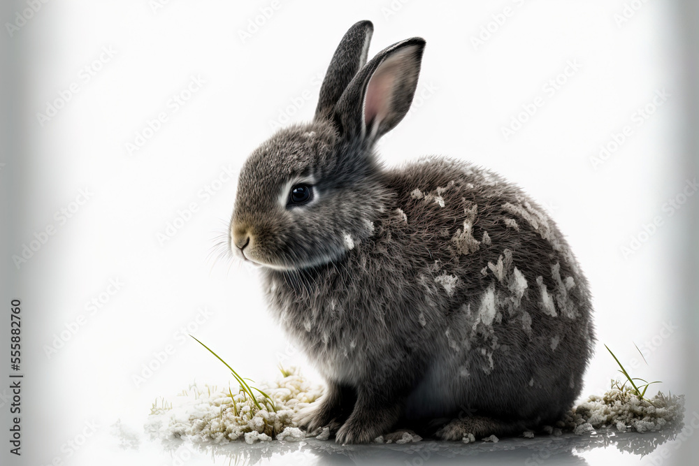 Fototapeta premium A gray, fluffy bunny scans the sign. On a white backdrop, alone. Spring rabbit. Generative AI