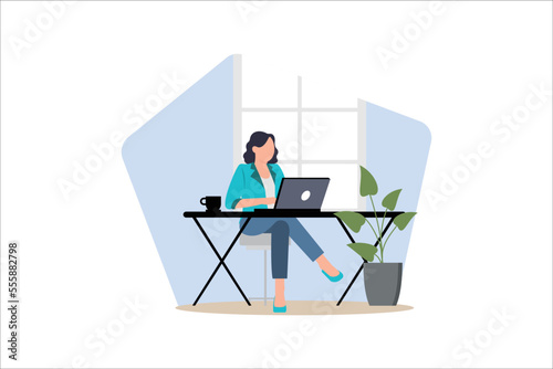 A woman working from home. stay at home, a woman sits at a Desk and works on a laptop. Cozy interior of the room.