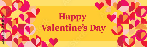 Valentine s Day banner with geometric shapes and hearts in Bauhaus style. Vector illustration