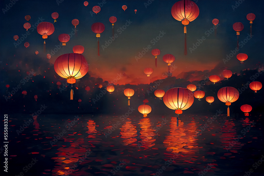 Red Chinese lanterns floating above water at night. Chinese New Year celebration. Loosely painted digital artwork style. Generative AI.